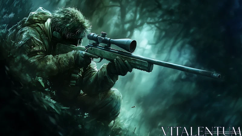 Tactical Operator in Forest Environment with Scoped Rifle.
