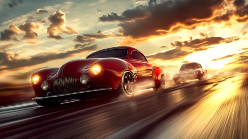 Sunlit red vintage racer gliding into a golden horizon.