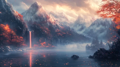 Autumn mist and glowing waterfall in a quiet mountain lake.