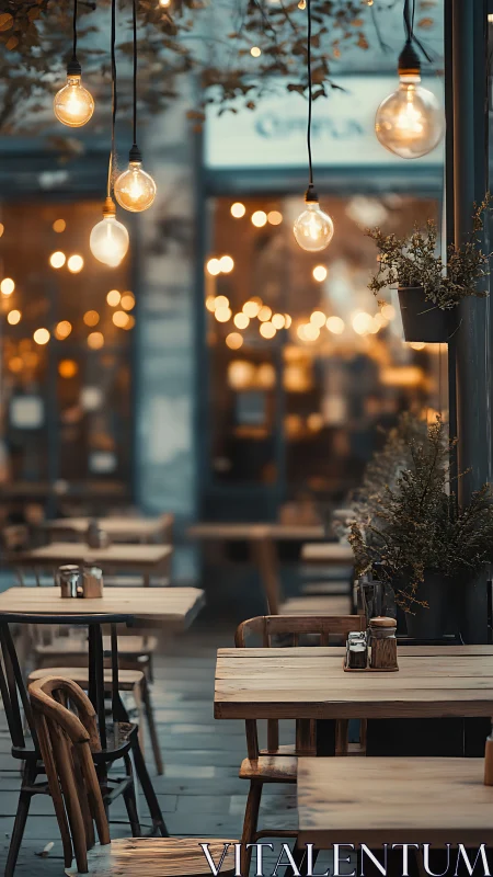 Shallow depth cafe terrace with warm bokeh string lights at dusk