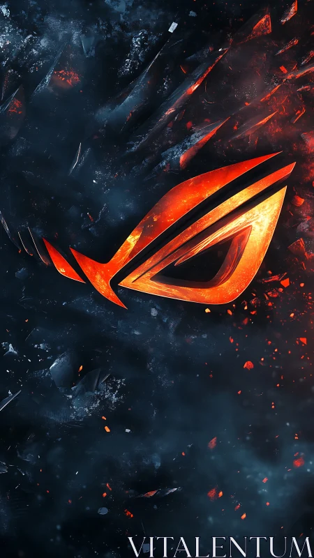 Molten emblem embedded in shattered, smoke-filled dark matrix