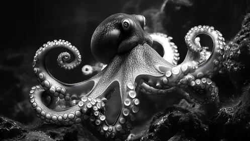 Monochrome octopus extends curling tentacles over rocky seafloor