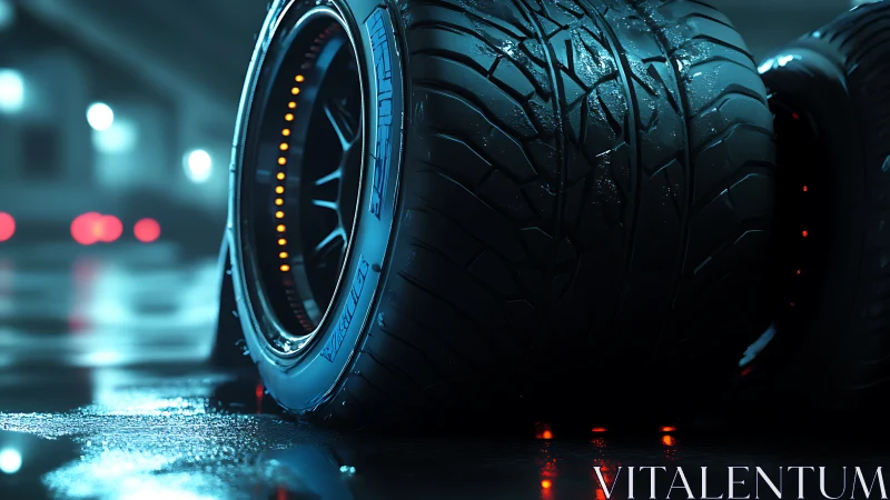 Performance tire closeup shows wet tread detail in neon light