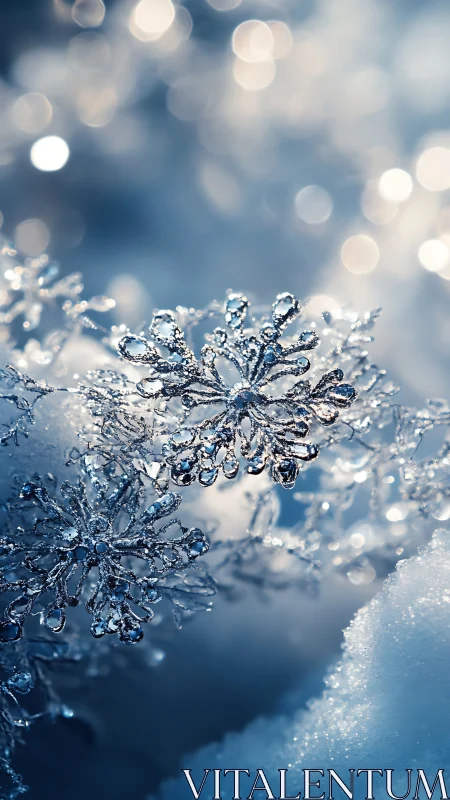 Glistening snowflakes rest gently in a dreamy winter glow