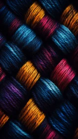 Close-up woven strands of colorful glossy threads.