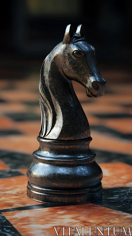 Weathered black knight chess piece stands on glossy board