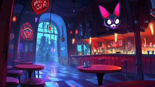 Neon city lounge glows with playful bar lights and charm