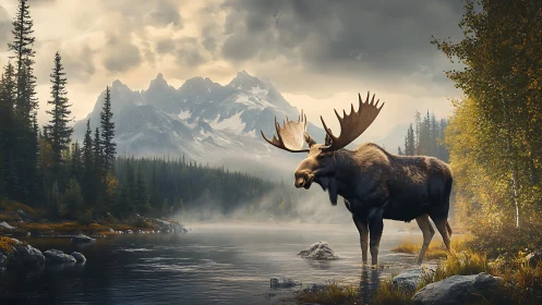 Moose monarch wades through mist-laced alpine morning hush.