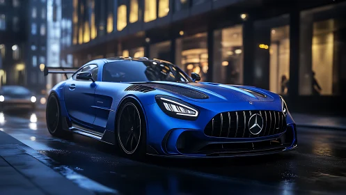 Blue Mercedes AMG supercar on wet neon city street at night.