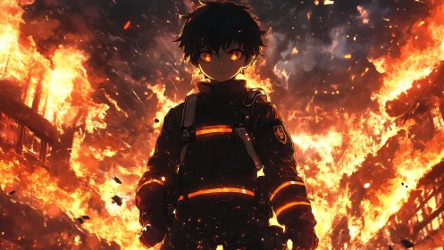 Young firefighter stands strong amid roaring city flames