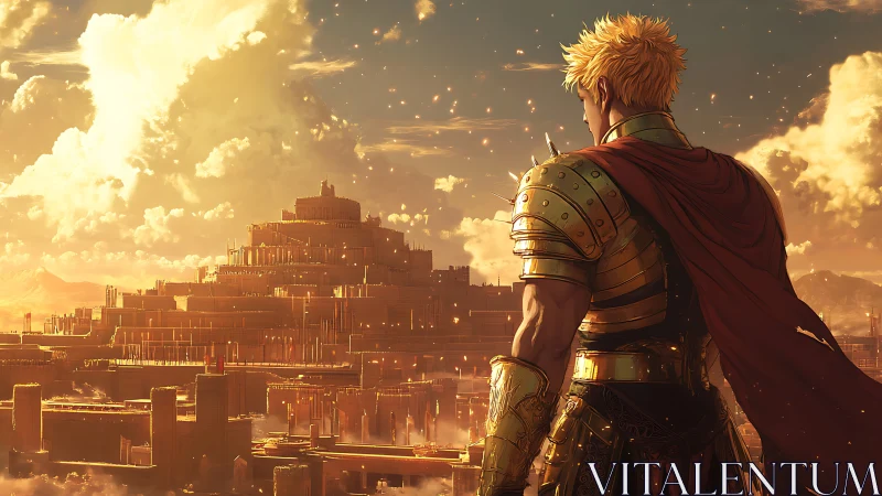 Armored warrior observing vast golden tiered city at dusk