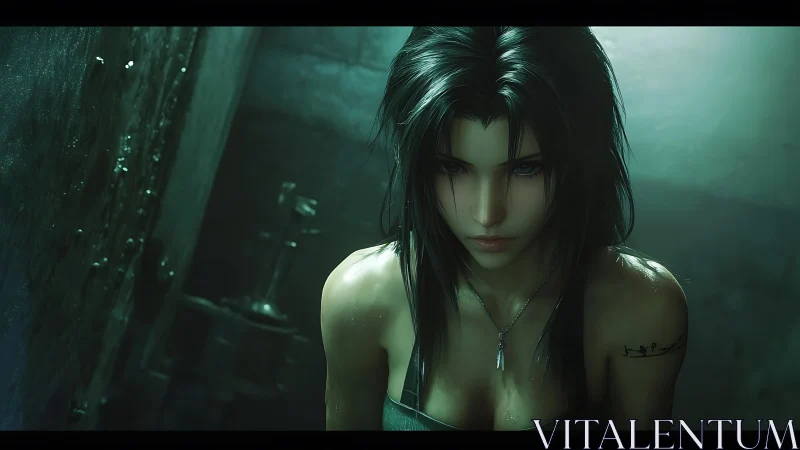 Storm-eyed warrior broods in neon-drenched concrete hush.