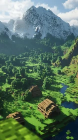 Voxel mountain valley with snow peaks and wooden cabins, daylight
