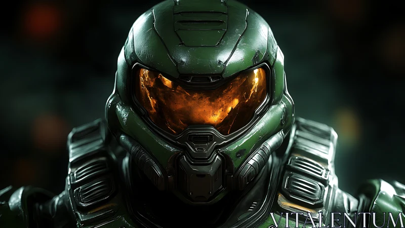 Armored sci fi helmeted figure is rendered in frontal view