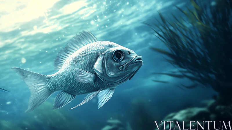Silver fish glides through sunlit underwater seascape scene.
