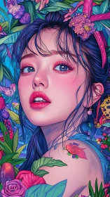 Floral portrait digital painting with vivid neon palette.