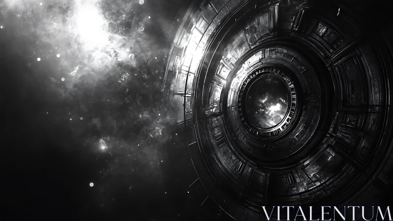 Cylindrical star-gate interior in monochrome digital concept art.