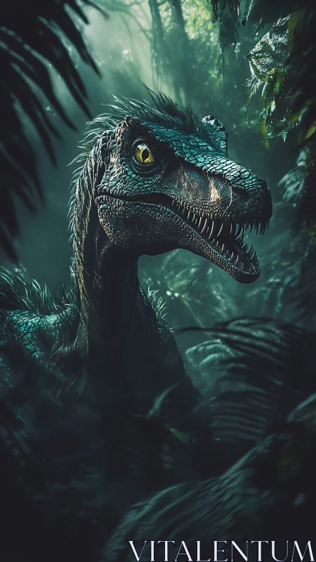Velociraptor whispers through misty jungle light and shadow