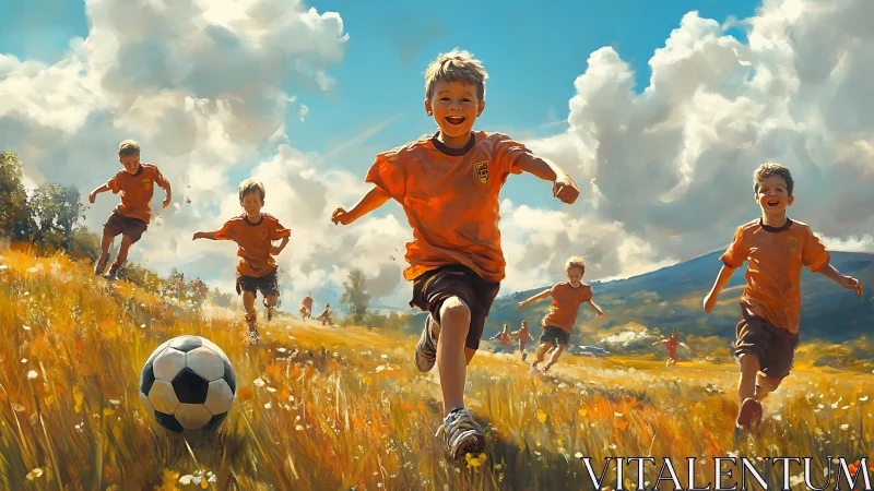 Children playing soccer in sunlit meadow with distant hills.