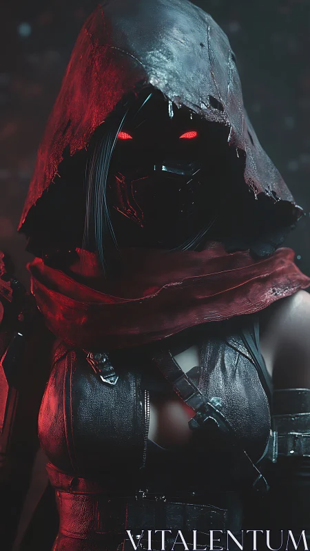 Hooded masked figure in dark leather armor with red light.