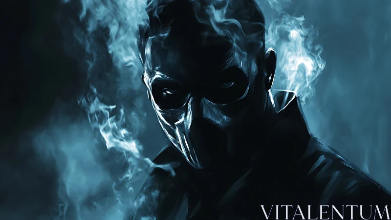 Masked human figure in blue smoke with obscured background.