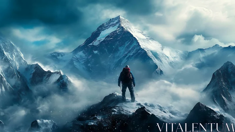 Solitary alpinist overlooking glaciated summit in storm light