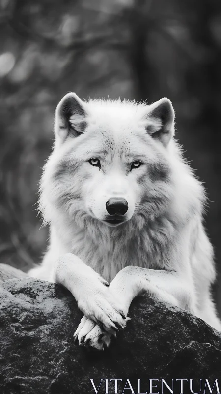 Silver wolf reclines in monochrome stillness, eyes quietly fierce.