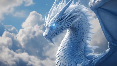 White scaled dragon profile against dense clouded sky.