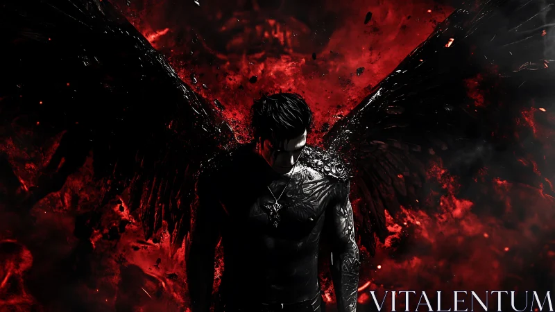 Fallen shadow angel rises in embers of crimson chaos.