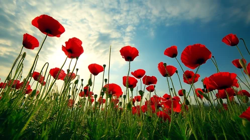 Field of Scarlet Poppies Against Luminous Sky.