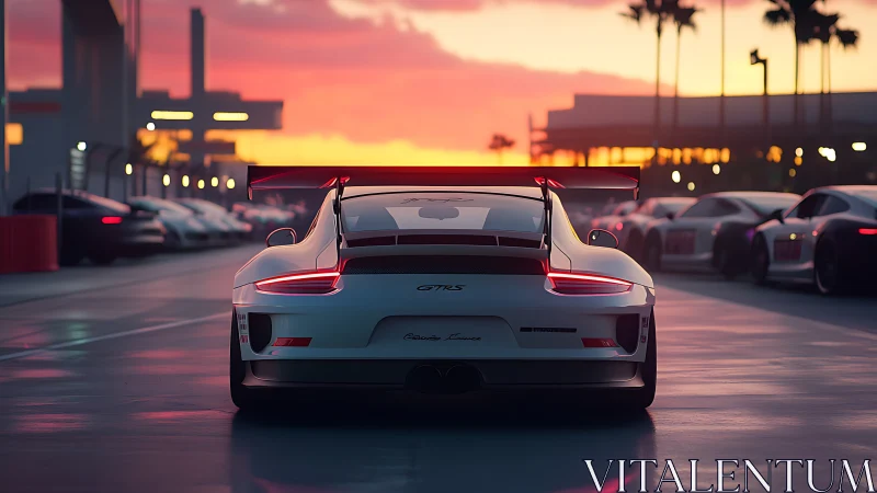 Rear track view shows white GT3 RS on wet pit lane at dusk