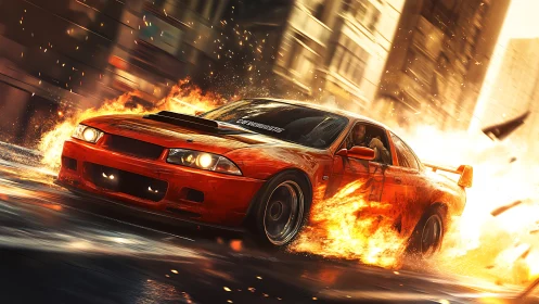 Red sports car drifting through urban street with fire trail.