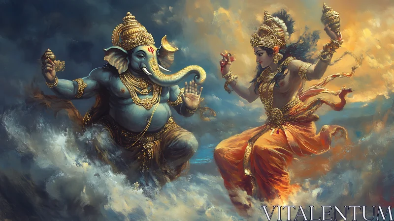 Divine dance of Ganesh and goddess amid storm clouds.