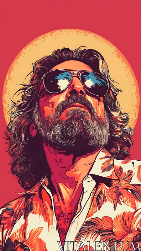 Bearded rebel in sunglasses under bold tropical sun portrait.