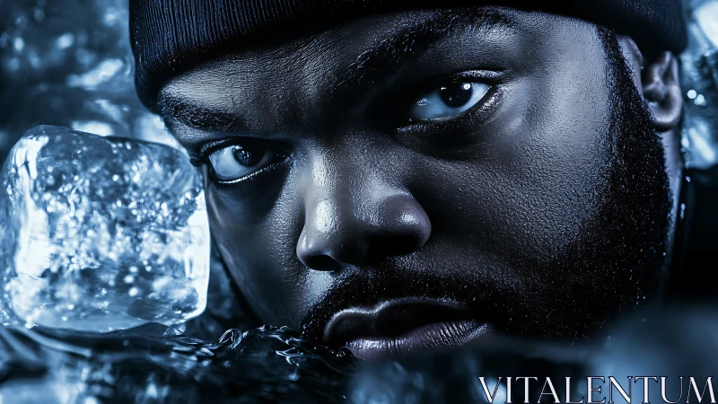 Intense blue gel portrait with ice textures and reflective skin.