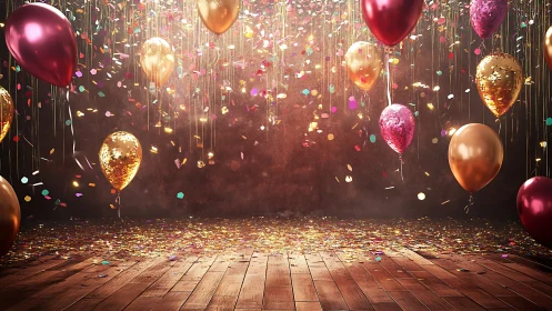 Luminescent Metallic Balloons and Cascading Confetti on Wooden Stage.