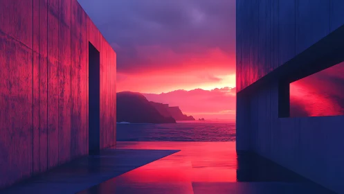 Sunset Between Architectural Frames Overlooking Coastal Cliffs