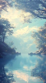 Sunlit forest lake rests in soft morning mist and silence