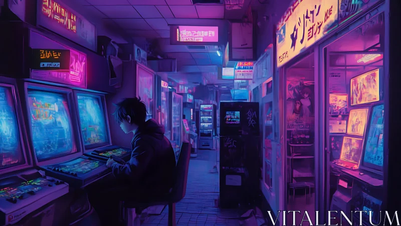 Neon-lit arcade gamer in cyberpunk city interior at night.