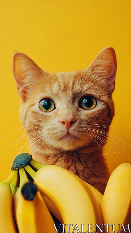 Ginger Cat Holding Bananas Against Yellow Background.