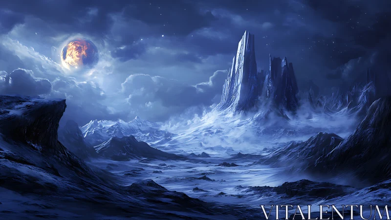 Luminous molten planet over glacial alien spire landscape