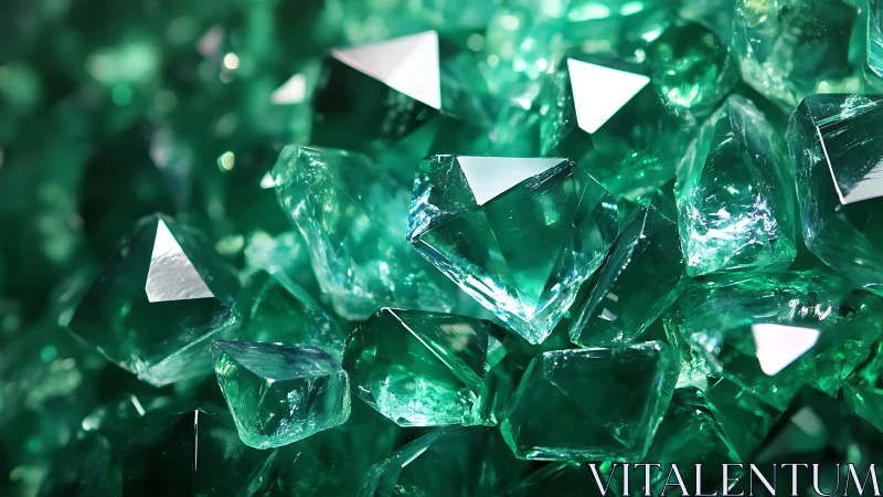 Macro cluster of faceted emerald-green crystals in hard light