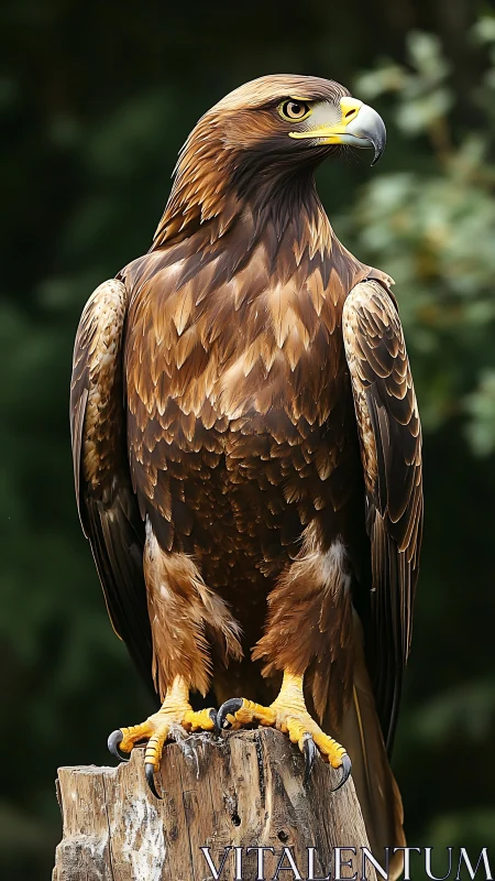 Golden eagle perched on weathered stump in soft forest bokeh