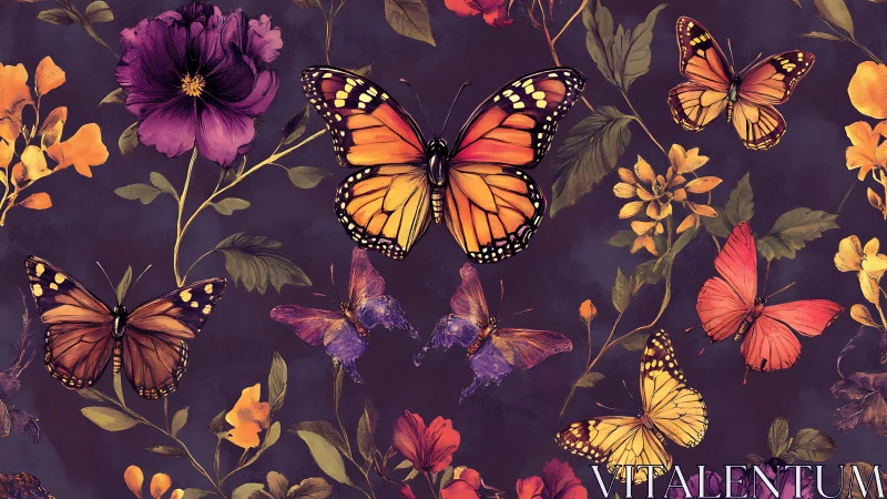 Midnight garden of ember-winged butterflies in bloom.