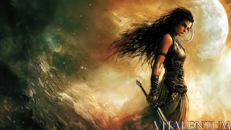 Fierce moonlit warrior standing strong in swirling starlight.