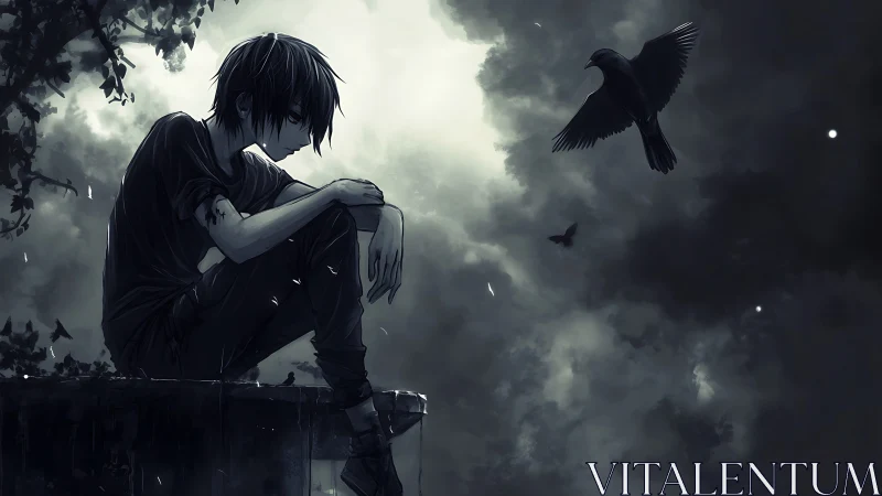 Brooding youth with raven under storm-lit monochrome sky.