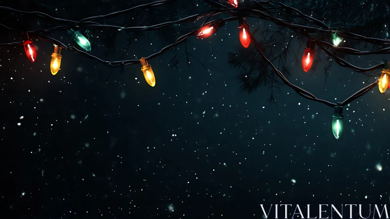 Snowfall illuminated by multicolored outdoor string lights at night