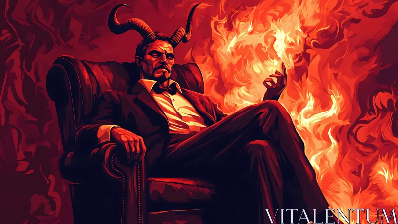Demonic king in tailored suit commands infernal throne.