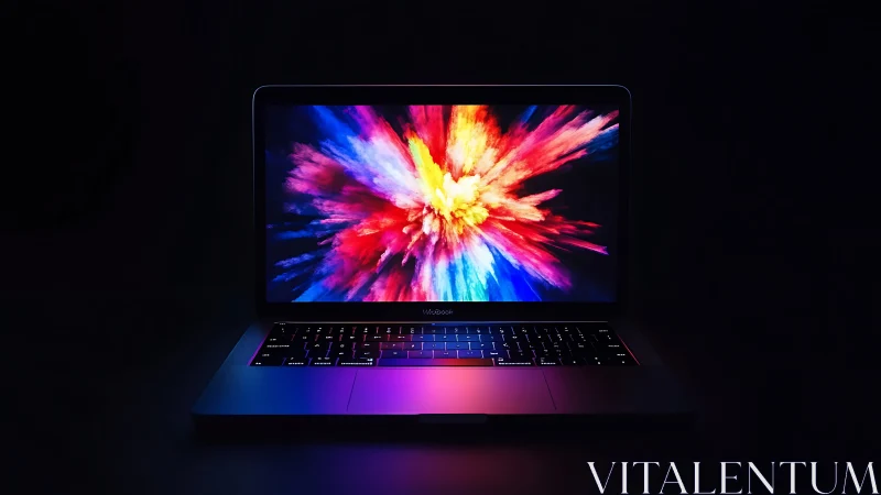 Photorealistic laptop with neon spectrum display explosion.