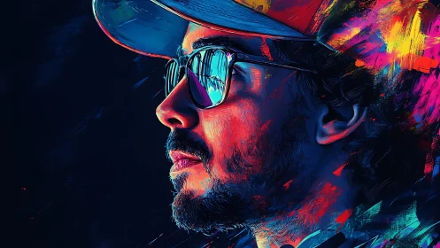 Side profile portrait of man in cap rendered in neon colors
